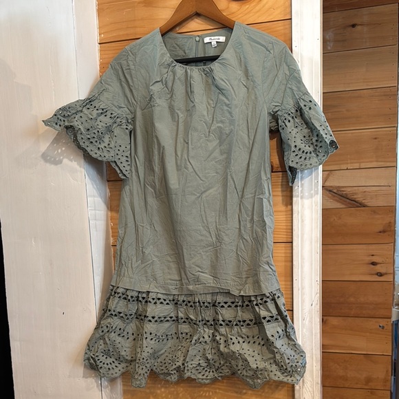 Madewell Eyelet Drop-Waist Dress Dusty Patina Cotton Lace Sage Green Small S - Picture 5 of 10